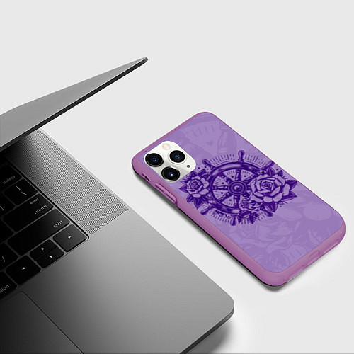 Чехол iPhone 11 Pro матовый Штурвал в розах / 3D-Фиолетовый – фото 3