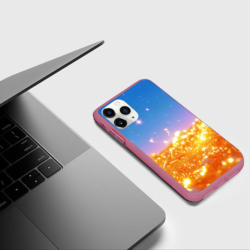 Чехол iPhone 11 Pro матовый Золотые шарики на голубом фоне / 3D-Малиновый – фото 3