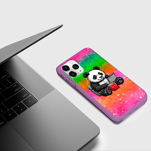 Чехол iPhone 11 Pro матовый Панда с кофе за ноутом / 3D-Фиолетовый – фото 3