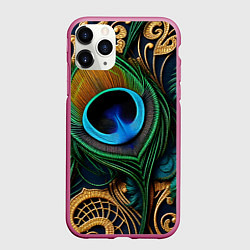 Чехол iPhone 11 Pro матовый Узоры и перья павлина, цвет: 3D-малиновый