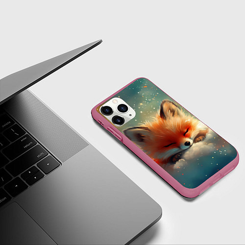 Чехол iPhone 11 Pro матовый Лисенок спит на облаке / 3D-Малиновый – фото 3
