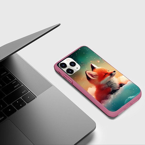 Чехол iPhone 11 Pro матовый Милый лисенок спит на облаке / 3D-Малиновый – фото 3