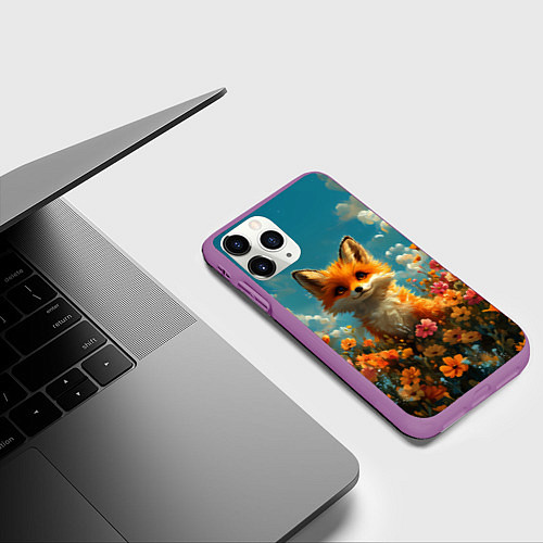 Чехол iPhone 11 Pro матовый Лисица в цветочном поле / 3D-Фиолетовый – фото 3