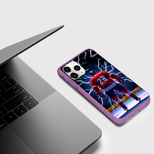 Чехол iPhone 11 Pro матовый Хоккеист и молния / 3D-Фиолетовый – фото 3