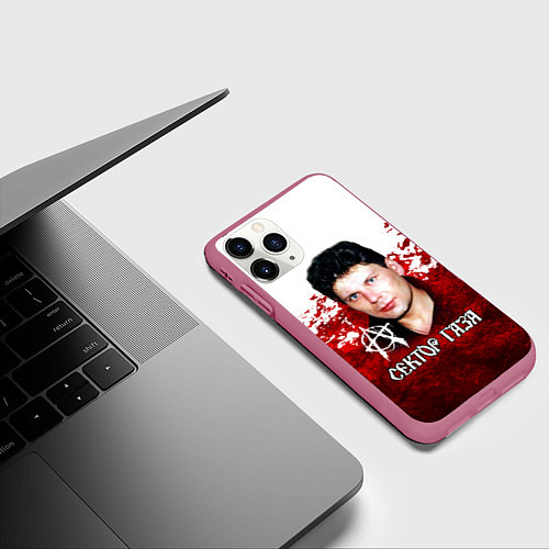 Чехол iPhone 11 Pro матовый Юрий Хой бело-красный фон / 3D-Малиновый – фото 3