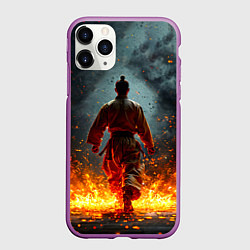 Чехол iPhone 11 Pro матовый Кунг-фу боец в огне, цвет: 3D-фиолетовый