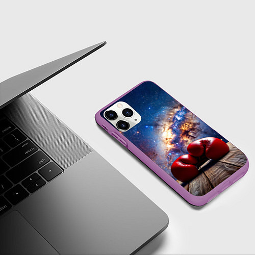 Чехол iPhone 11 Pro матовый Боксерские перчатки в космосе / 3D-Фиолетовый – фото 3
