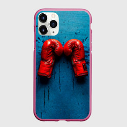 Чехол iPhone 11 Pro матовый Бойцовские перчатки на синем, цвет: 3D-малиновый