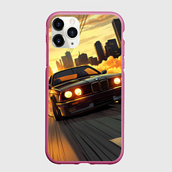 Чехол iPhone 11 Pro матовый БМВ на фоне заката, цвет: 3D-малиновый