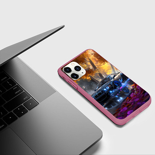 Чехол iPhone 11 Pro матовый BMW синие неоновые фары / 3D-Малиновый – фото 3