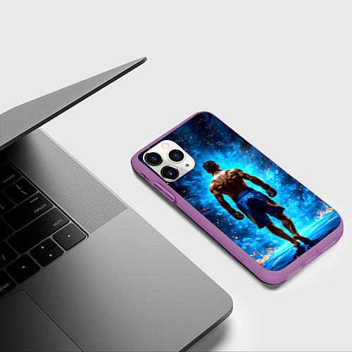Чехол iPhone 11 Pro матовый Кикбоксер в огне / 3D-Фиолетовый – фото 3