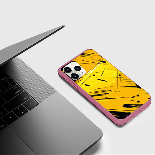 Чехол iPhone 11 Pro матовый Желтая краска на черном фоне / 3D-Малиновый – фото 3