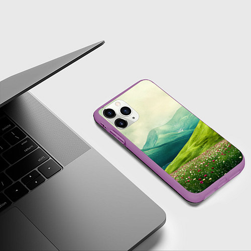 Чехол iPhone 11 Pro матовый Горы и поле с цветами - зеленый пейзаж / 3D-Фиолетовый – фото 3