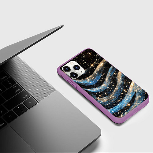 Чехол iPhone 11 Pro матовый Волнистые синие линии на черном / 3D-Фиолетовый – фото 3