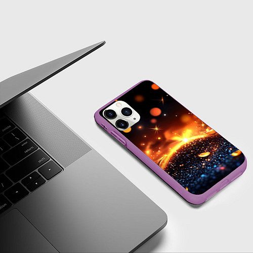 Чехол iPhone 11 Pro матовый Оранжевое боке на черном / 3D-Фиолетовый – фото 3