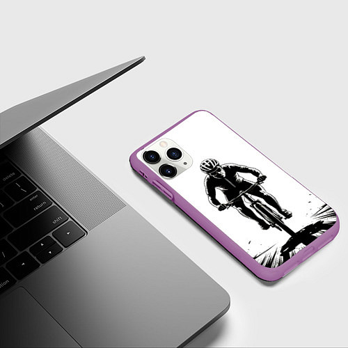 Чехол iPhone 11 Pro матовый Велосипедист чб / 3D-Фиолетовый – фото 3