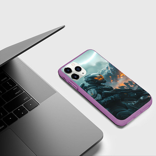 Чехол iPhone 11 Pro матовый Инопланетный боец / 3D-Фиолетовый – фото 3