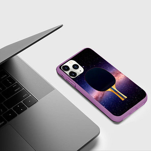 Чехол iPhone 11 Pro матовый Черная ракетка для пинг понга в космосе / 3D-Фиолетовый – фото 3