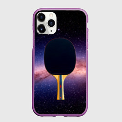 Чехол iPhone 11 Pro матовый Черная ракетка для пинг понга в космосе, цвет: 3D-фиолетовый