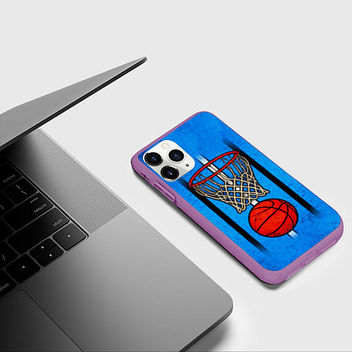 Чехол iPhone 11 Pro матовый Кольцо с баскетбольным мячом на синем / 3D-Фиолетовый – фото 3
