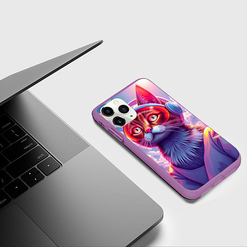 Чехол iPhone 11 Pro матовый Кот космонавт удивлен / 3D-Фиолетовый – фото 3