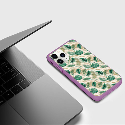 Чехол iPhone 11 Pro матовый Листья монстеры на мраморном фоне / 3D-Фиолетовый – фото 3