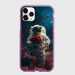 Чехол iPhone 11 Pro матовый Космонавт с букетом роз, цвет: 3D-фиолетовый