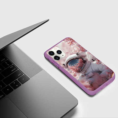 Чехол iPhone 11 Pro матовый Космонавт в весенних листьях / 3D-Фиолетовый – фото 3