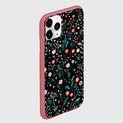 Чехол iPhone 11 Pro матовый Цветочный мелкий паттерн чёрный, цвет: 3D-малиновый — фото 2