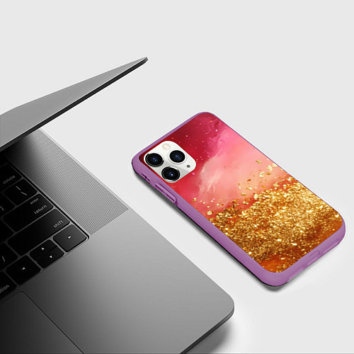 Чехол iPhone 11 Pro матовый Золотая пыльца на розовой текстуре / 3D-Фиолетовый – фото 3