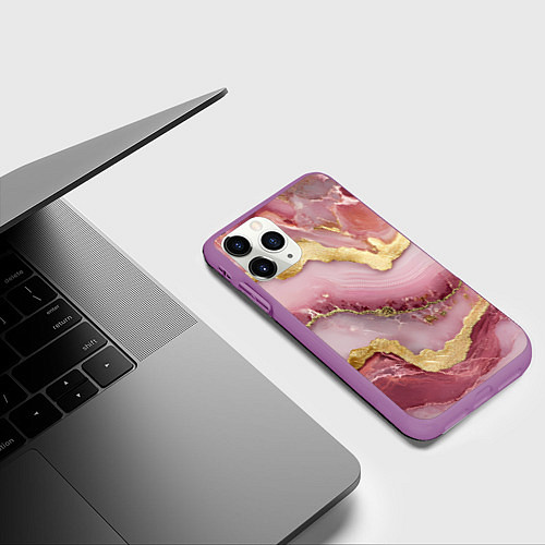 Чехол iPhone 11 Pro матовый Объемная текстура розовая с золотом / 3D-Фиолетовый – фото 3