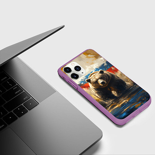 Чехол iPhone 11 Pro матовый Медведь и флаг РФ в поле / 3D-Фиолетовый – фото 3