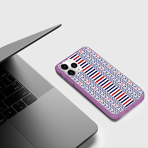 Чехол iPhone 11 Pro матовый Полосатый морской орнамент с якорями / 3D-Фиолетовый – фото 3