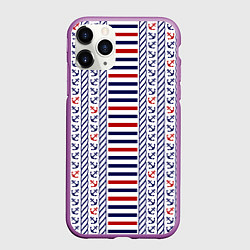 Чехол iPhone 11 Pro матовый Полосатый морской орнамент с якорями, цвет: 3D-фиолетовый
