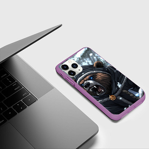 Чехол iPhone 11 Pro матовый Зима - русский медведь / 3D-Фиолетовый – фото 3