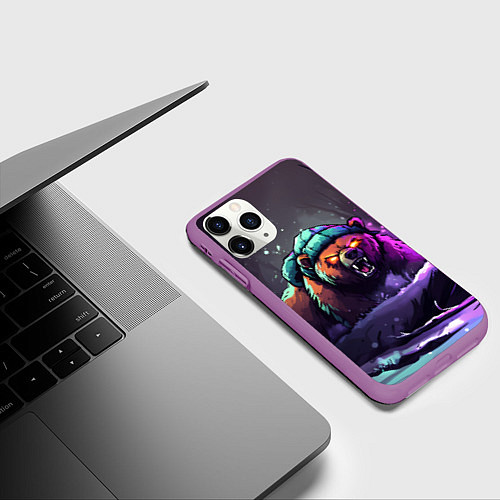 Чехол iPhone 11 Pro матовый Злой русский медведь в лесу / 3D-Фиолетовый – фото 3