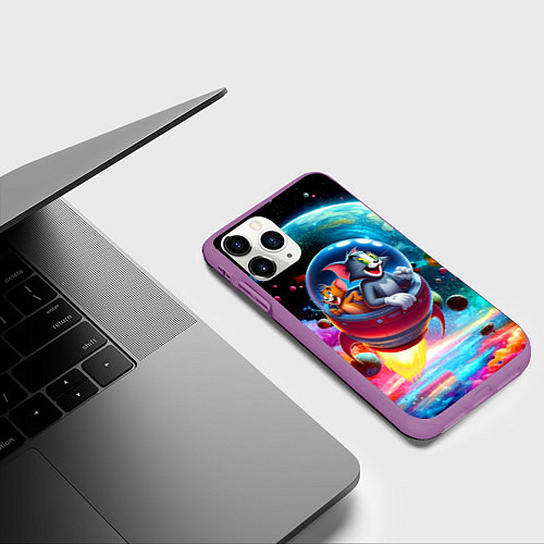 Чехол iPhone 11 Pro матовый Том и Джерри летят в ракете - нейроарт / 3D-Фиолетовый – фото 3