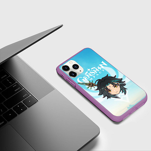Чехол iPhone 11 Pro матовый Genshin Impact - персонаж Сяо / 3D-Фиолетовый – фото 3