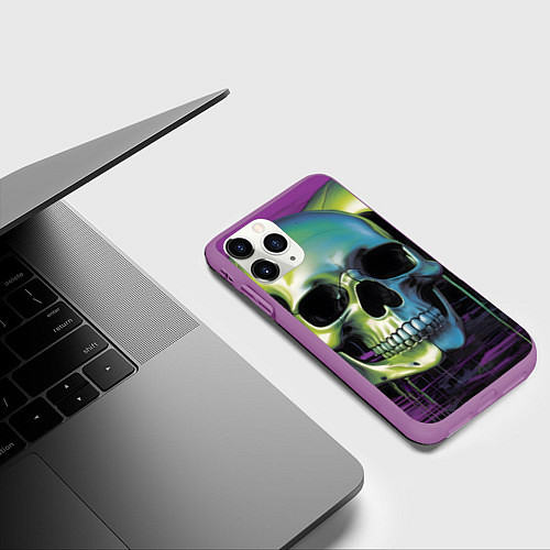 Чехол iPhone 11 Pro матовый Черепа отливающие неоном / 3D-Фиолетовый – фото 3