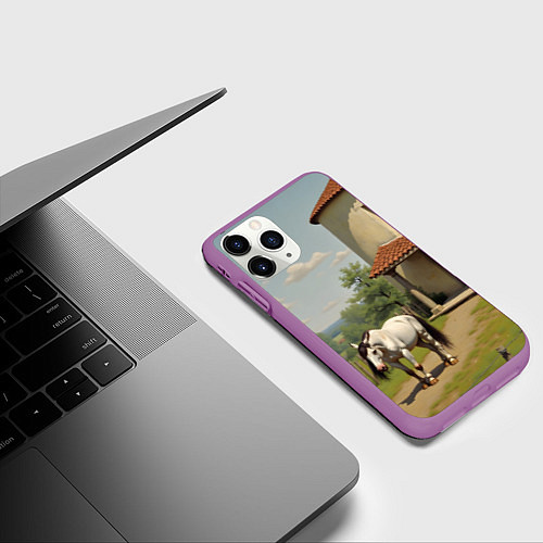 Чехол iPhone 11 Pro матовый Старый домик и лошадь / 3D-Фиолетовый – фото 3