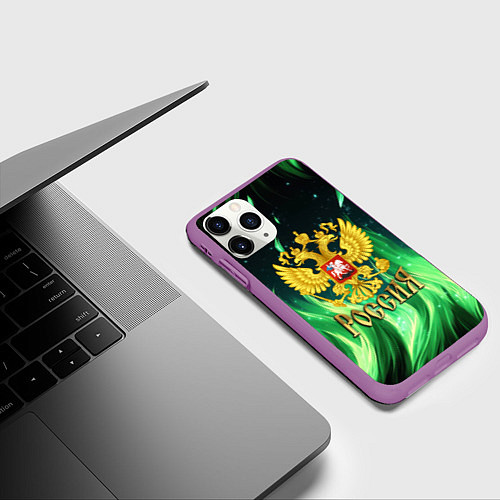 Чехол iPhone 11 Pro матовый Россия на фоне зеленого огня / 3D-Фиолетовый – фото 3