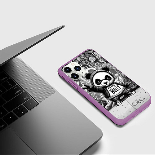 Чехол iPhone 11 Pro матовый Детёныш панды уличный хулиган на фоне граффити / 3D-Фиолетовый – фото 3