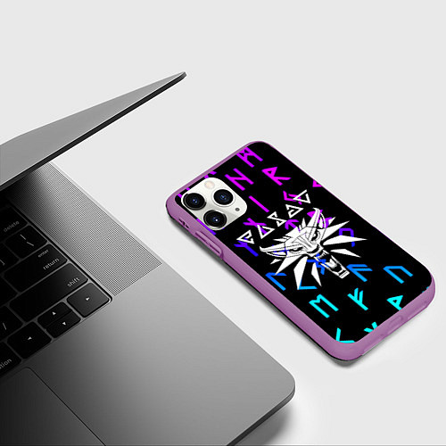 Чехол iPhone 11 Pro матовый Ведьмак символы градиент / 3D-Фиолетовый – фото 3