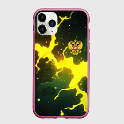 Чехол iPhone 11 Pro матовый Герб России зеленый разлом, цвет: 3D-малиновый