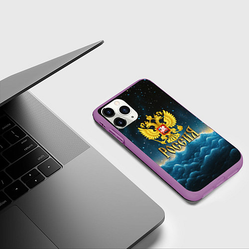 Чехол iPhone 11 Pro матовый Россия - герб на синем небе / 3D-Фиолетовый – фото 3