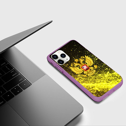 Чехол iPhone 11 Pro матовый Герб России - черно-золотой фон / 3D-Фиолетовый – фото 3