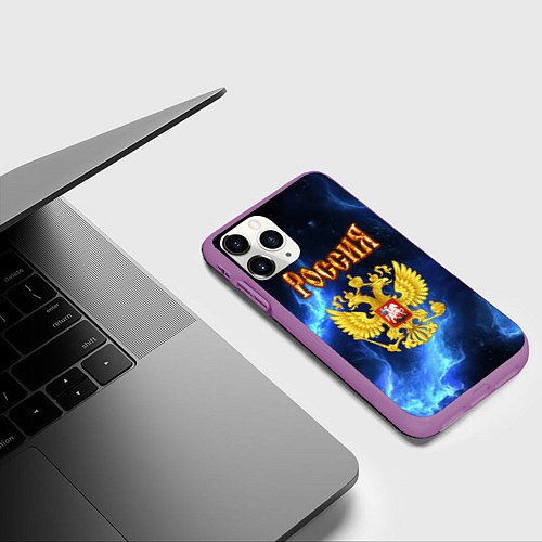 Чехол iPhone 11 Pro матовый Герб России - синее пламя / 3D-Фиолетовый – фото 3