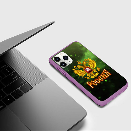 Чехол iPhone 11 Pro матовый Герб России на зеленом с частицами фоне / 3D-Фиолетовый – фото 3