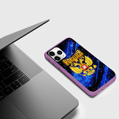 Чехол iPhone 11 Pro матовый Герб России на синей неоновой краске / 3D-Фиолетовый – фото 3