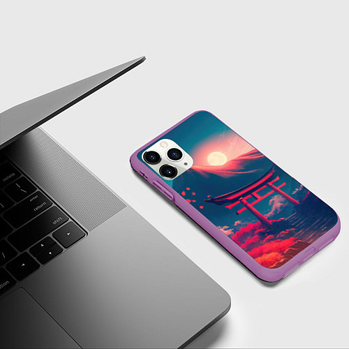 Чехол iPhone 11 Pro матовый Врата тории на фоне японских гор / 3D-Фиолетовый – фото 3